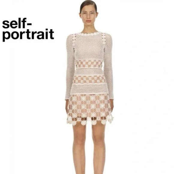 Self Portrait Ecru 3D Floral Crochet Mini Dress US 6 NWT - Picture 1 of 12